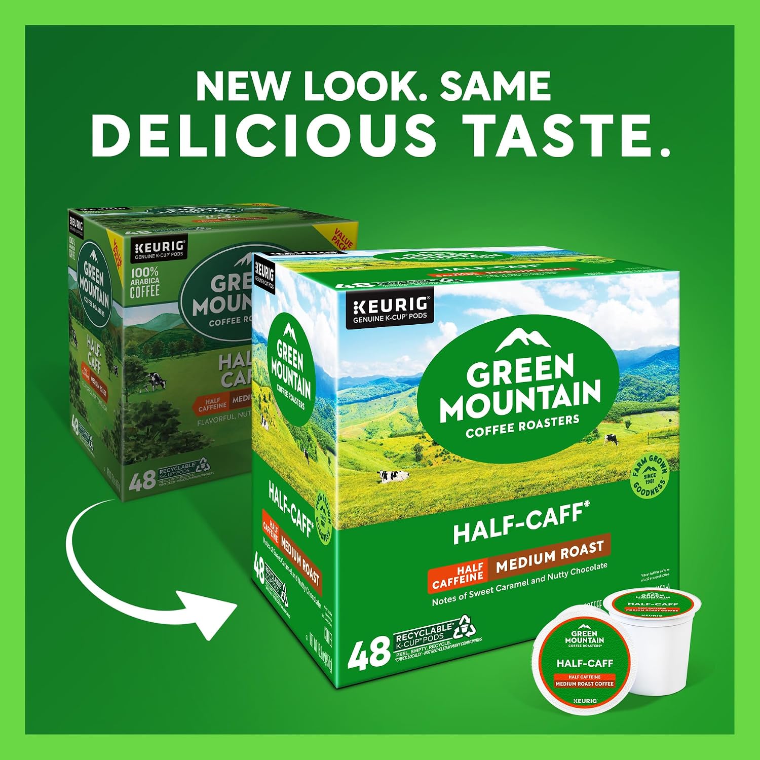 Green Mountain Coffee Roasters Half Caff, Single-Serve Keurig K-Cup Pods, Medium Roast Coffee Pods, 48 Count