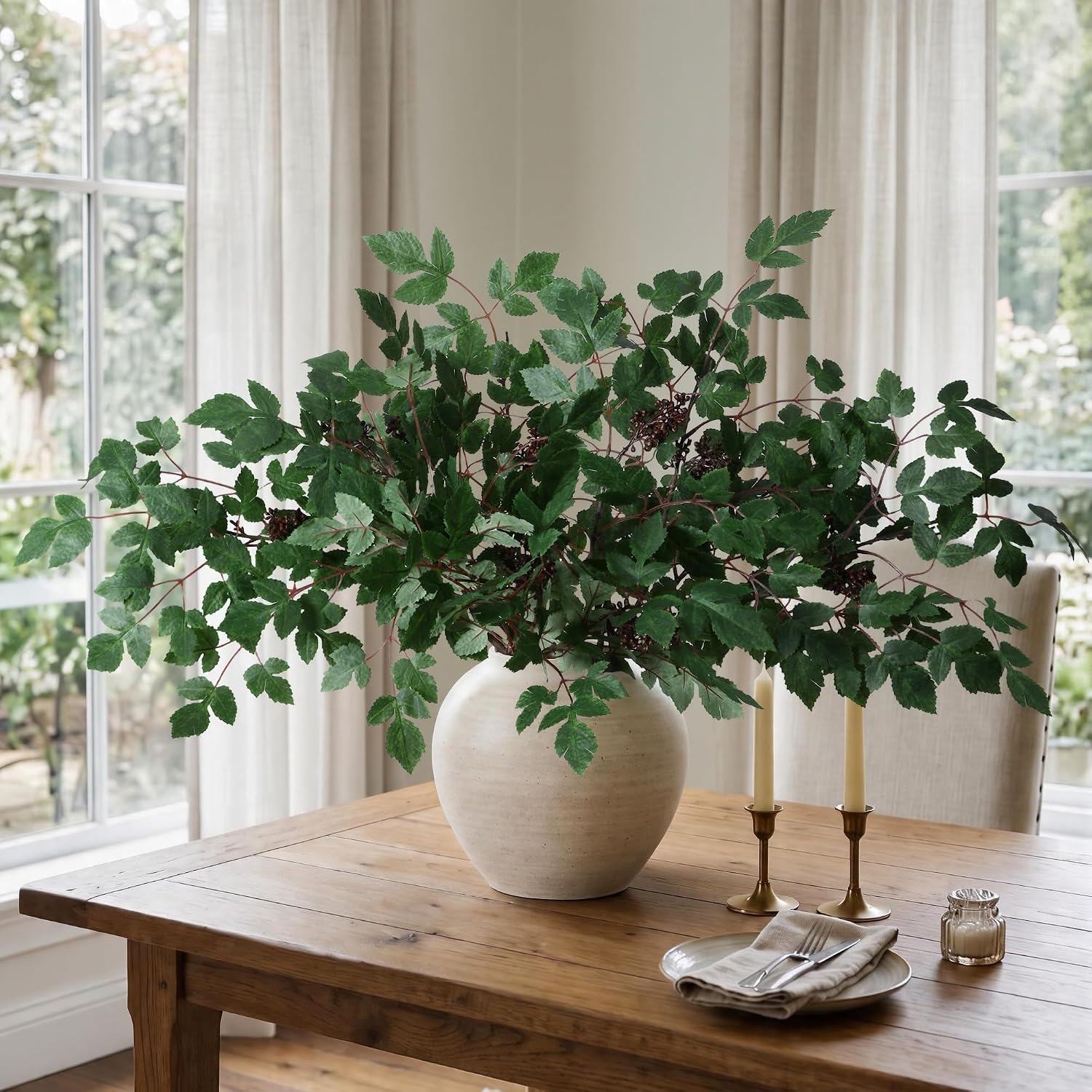 HyeFlora Artificial Cimicifuga Plant Leaf Spray Stems 4PCS Fake Greenery Branches 28.7 in Faux Leaves Real Touch Silk Plants DIY Stem for Vase Festival Home Kitchen Garden Party Farmhouse Decor