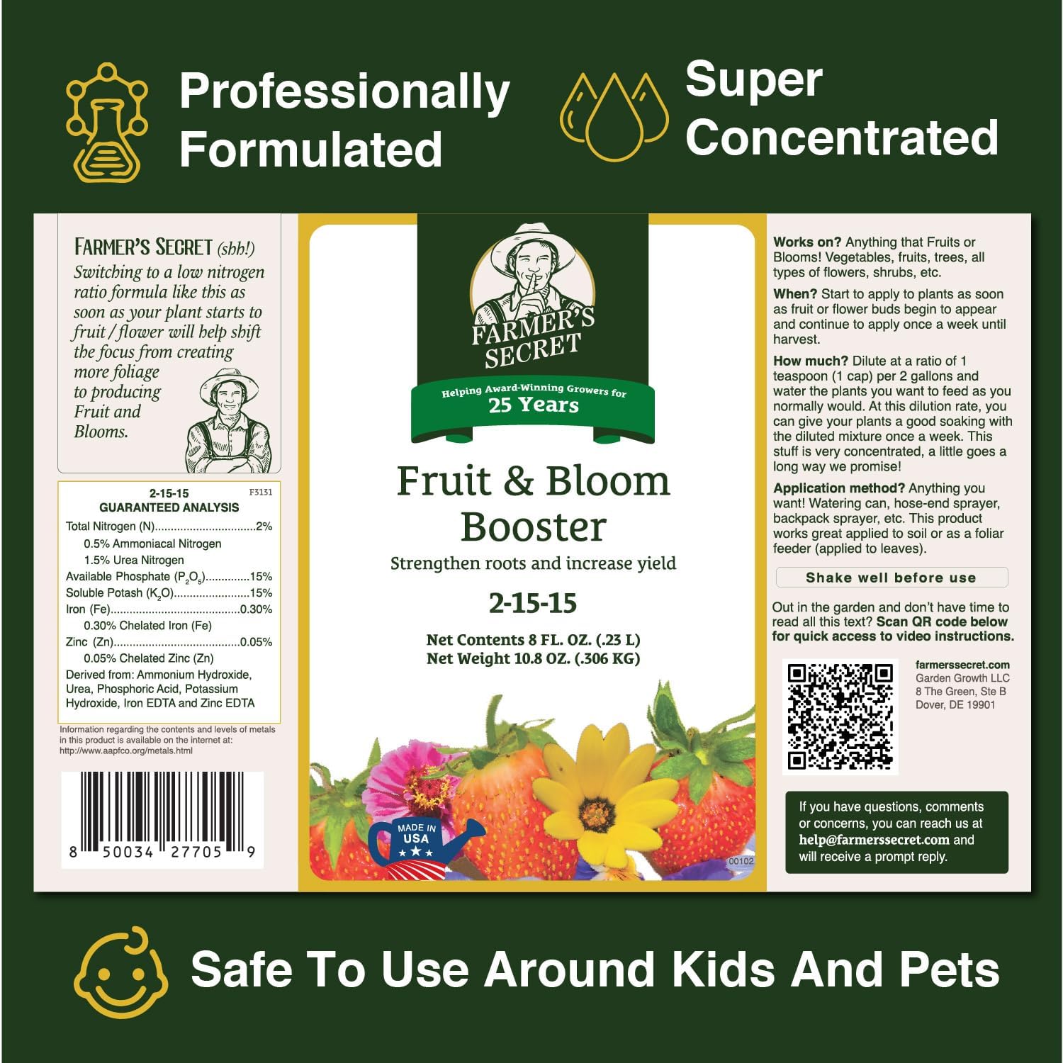 Farmer’s Secret Fruit & Bloom Booster Fertilizer - Super Concentrated - Boosts Flowering and Yield on All Varieties of Fruits, Vegetables and Flowers - Formulated for Late Summer & Early Fall (16oz)