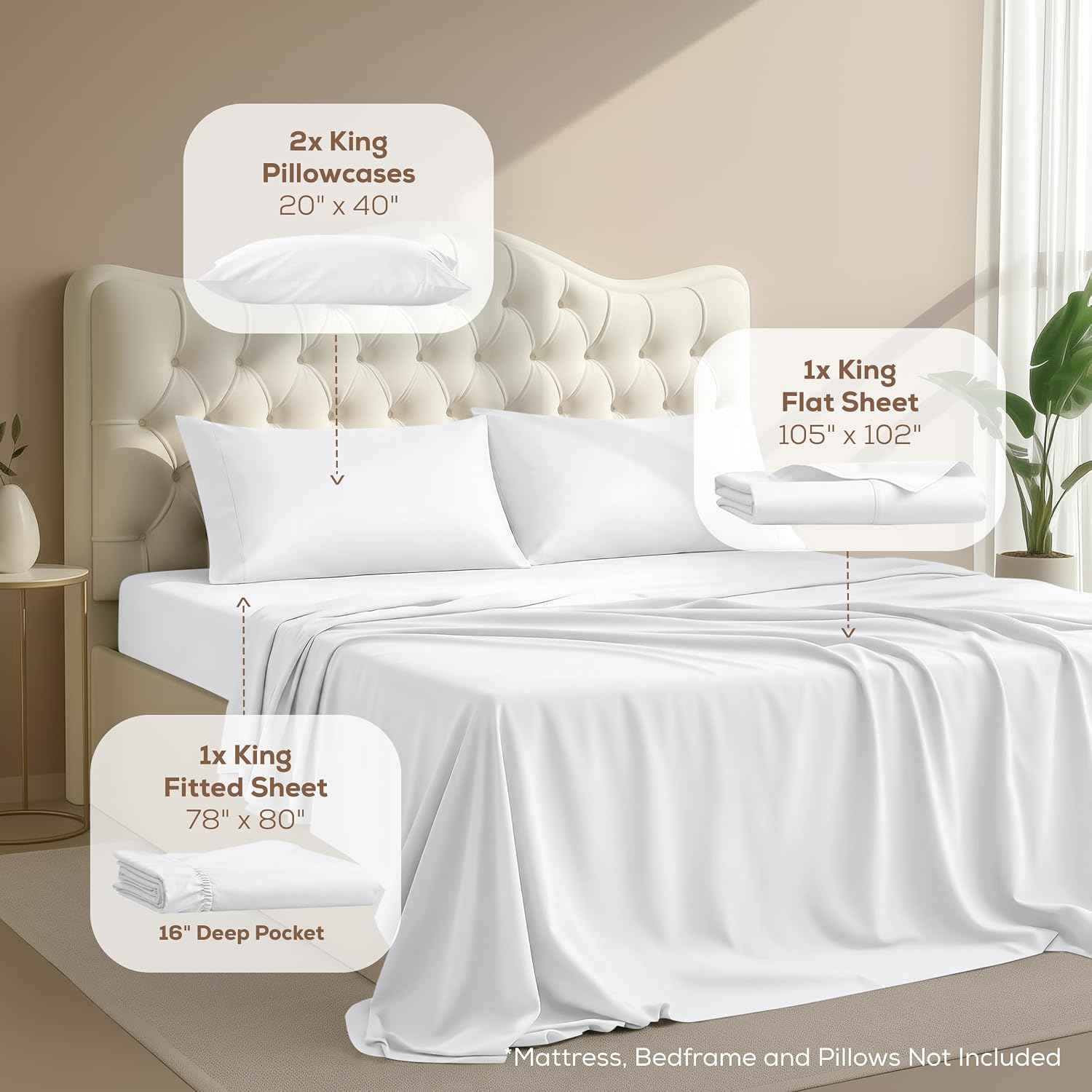 King Sheets Set, 4 Pieces 16" Deep Pocket Hotel Luxury Bed Sheets, White