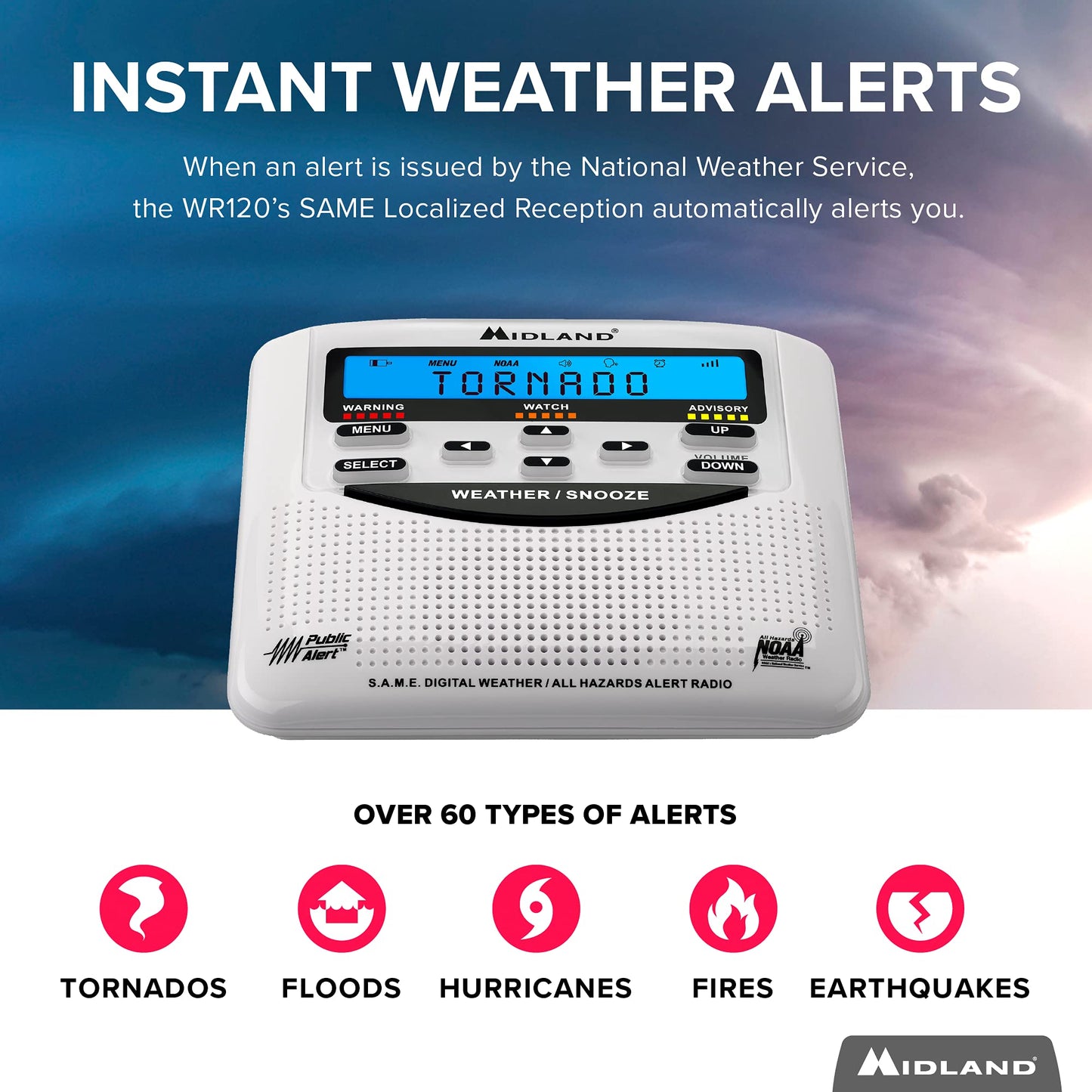 Midland - WR120B - NOAA Emergency Weather Alert Radio - S.A.M.E. Localized Programming, Trilingual Display, 60+ Emergency Alerts, & Alarm Clock (WR120B - Box Packaging)