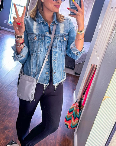Kedera Womens Denim Jacket Distressed Frayed Ripped Jean Jacket Casual Button Down Light Jackets with Pockets