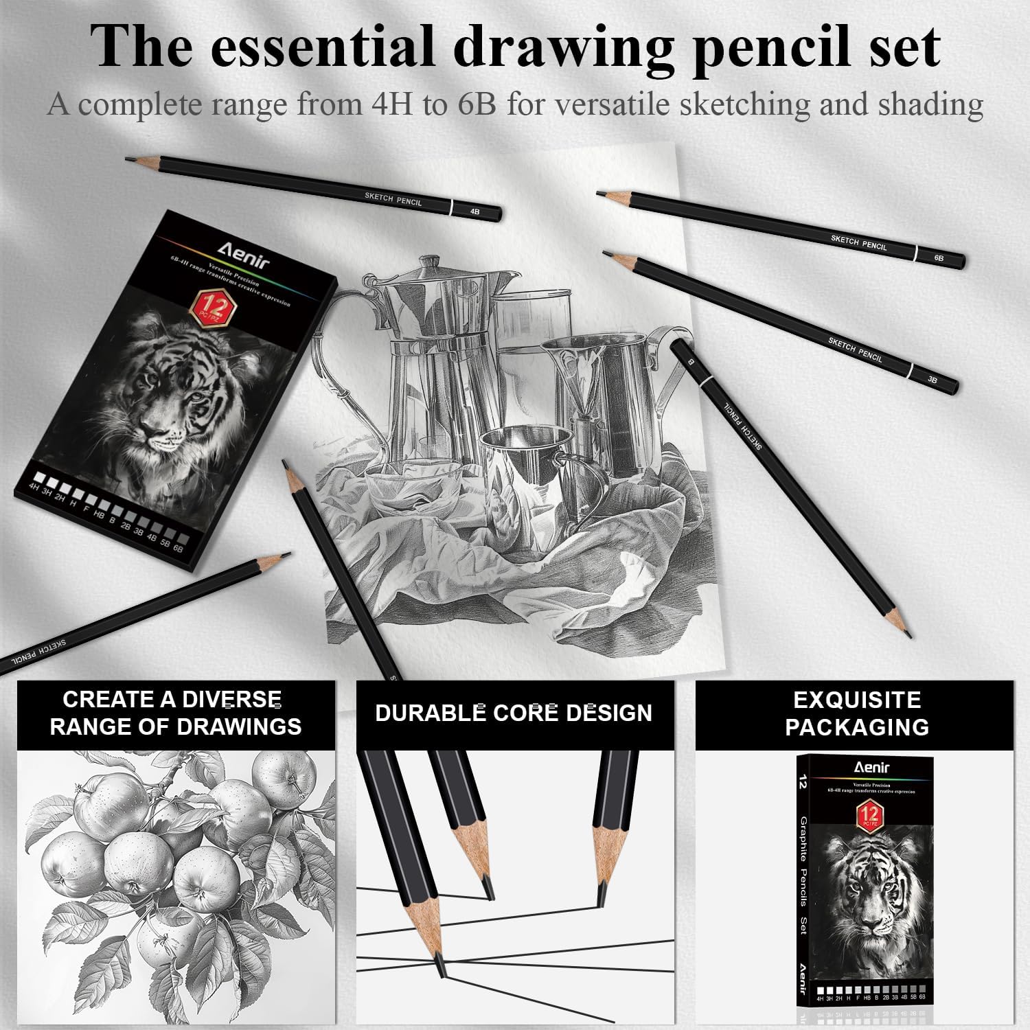Aenir Drawing Pencils for Sketching, Set of 12 Sketch Pencils, 6B-4H