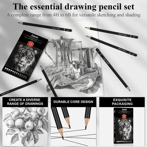 Aenir Drawing Pencils for Sketching, Set of 12 Sketch Pencils, 6B-4H