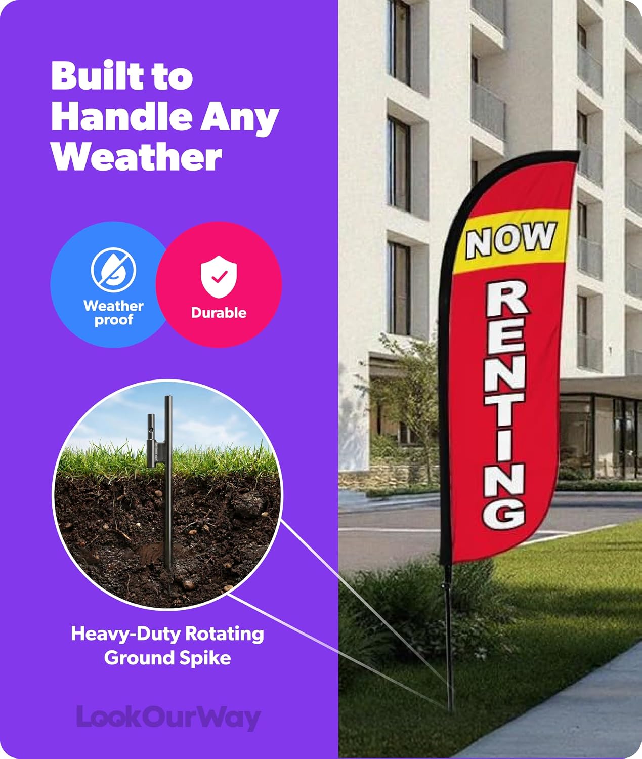 LookOurWay Feather Flag Pole Kit - 7 Feet Tall Advertising Banner with Fiberglass Pole Set and Ground Spike for Business Promotion - Real Estate Flags - Now Renting