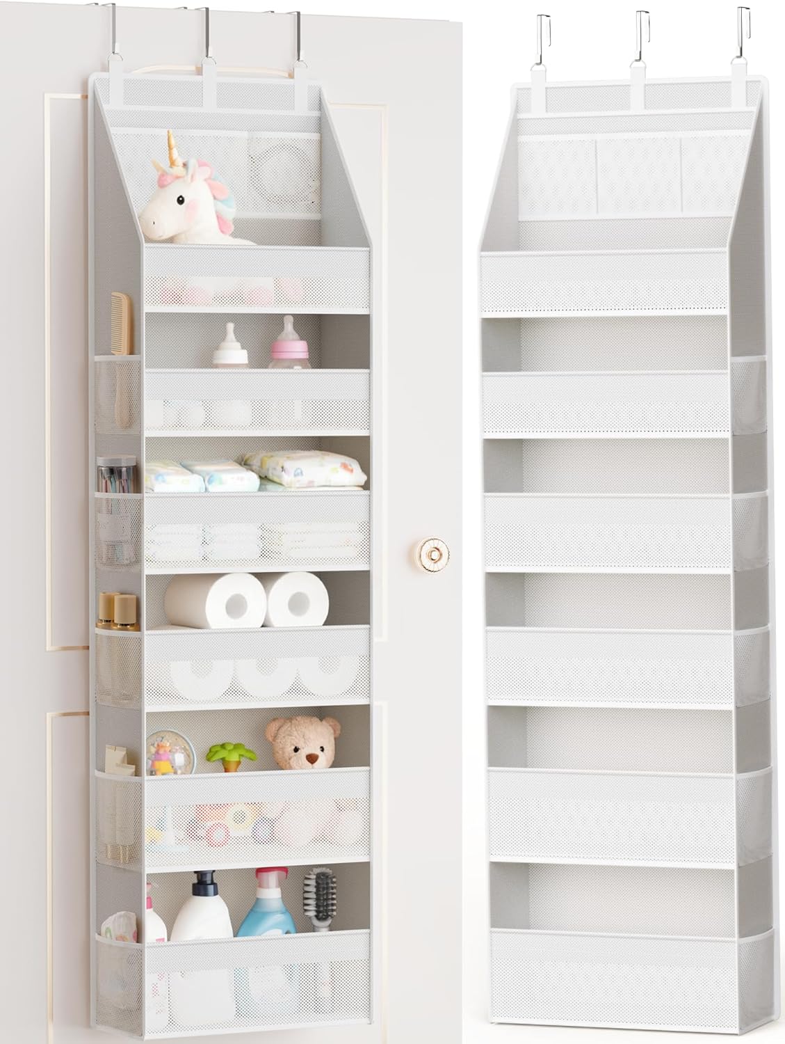 Criusia Over the Door Organizer, Heavy-Duty 6-Shelf Hanging Storage with 13 Mesh Pockets, 55lbs Capacity Behind the Door Storage for Nursery, Bathroom, Bedroom, and Dorm, White
