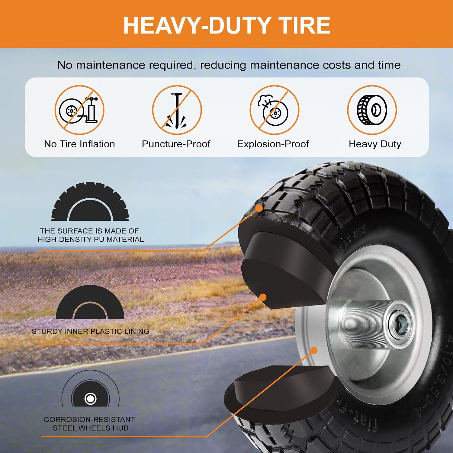 10" Solid Tires, 4.10/3.50-4 Tire and Wheel Flat Free, Gorilla Cart Tires Replacement, 4-Pack Solid Rubber Wheels with 5/8" Axle for Hand Trucks, Wheelbarrows, Dollies, Wagons & Garde (10 Inch 4-Pcs)