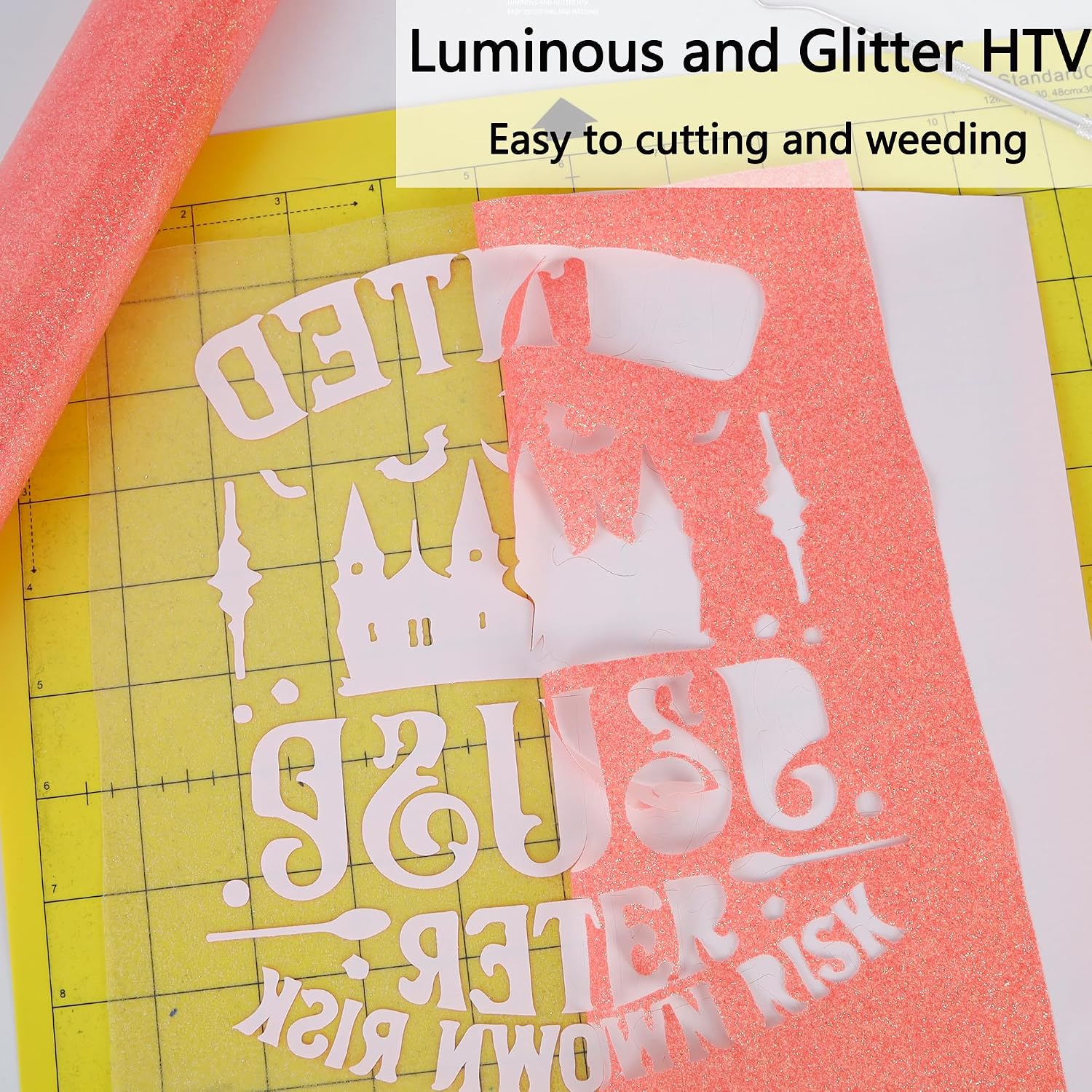 HTVVETUR Glitter Red Heat Transfer Vinyl, Glow in The Dark HTV Vinyl Roll 12" x 9ft, Easy to Cut & Weed for Heat Press DIY Craft