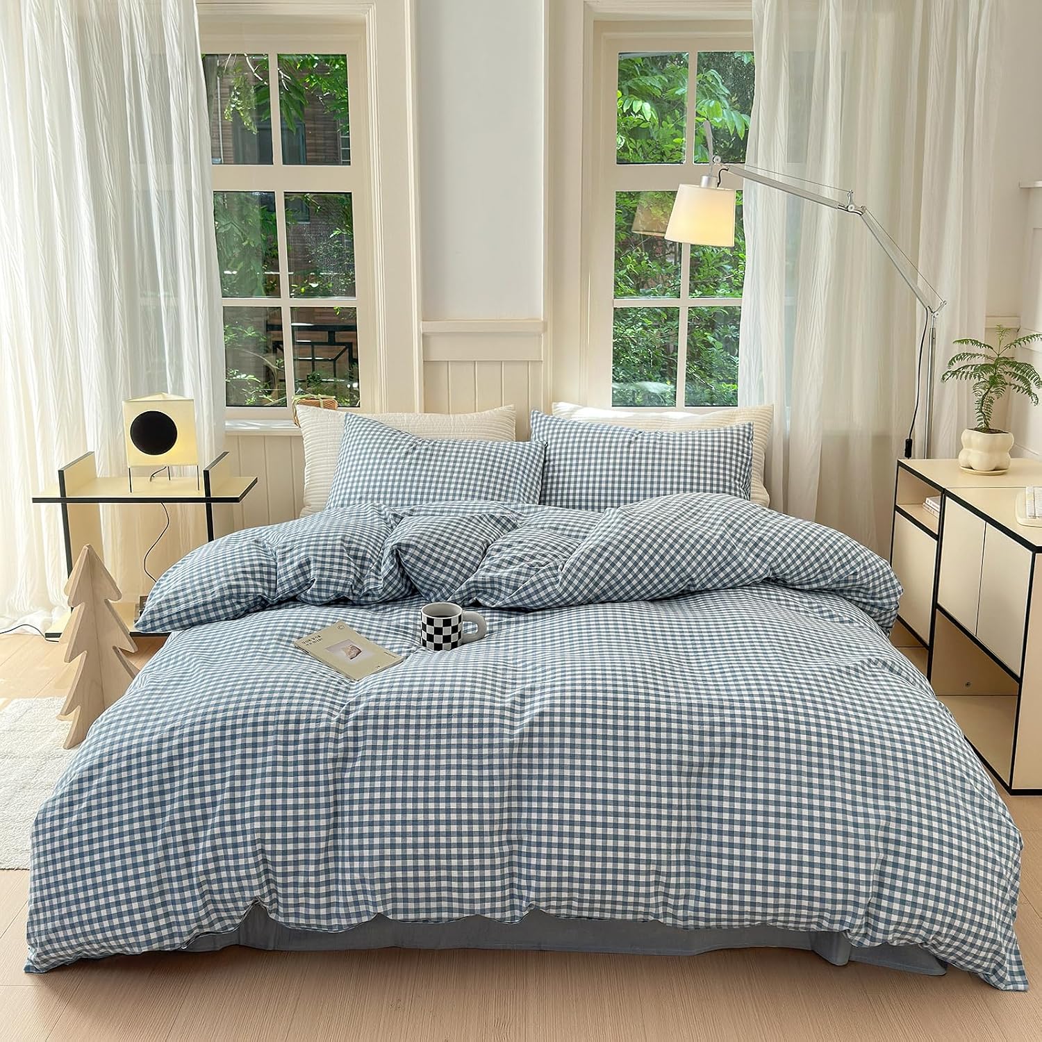 LifeTB Gingham Duvet Cover King 100% Washed Cotton Blue Plaid Duvet Cover 3 Pieces Boho Grid Comforter Cover with 2 Pillowcases Luxury Soft Gingham Bedding Set Buffalo Grid Duvet Cover King Size