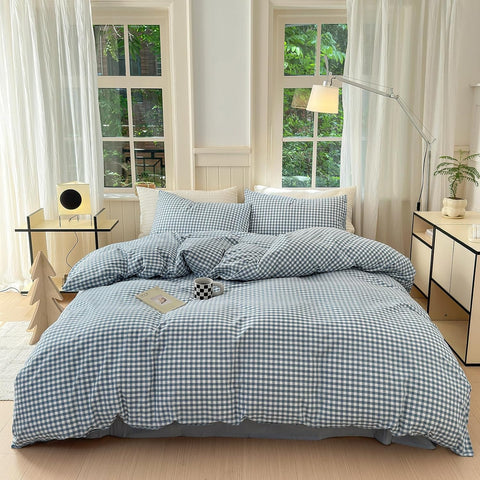 LifeTB Gingham Duvet Cover King 100% Washed Cotton Blue Plaid Duvet Cover 3 Pieces Boho Grid Comforter Cover with 2 Pillowcases Luxury Soft Gingham Bedding Set Buffalo Grid Duvet Cover King Size