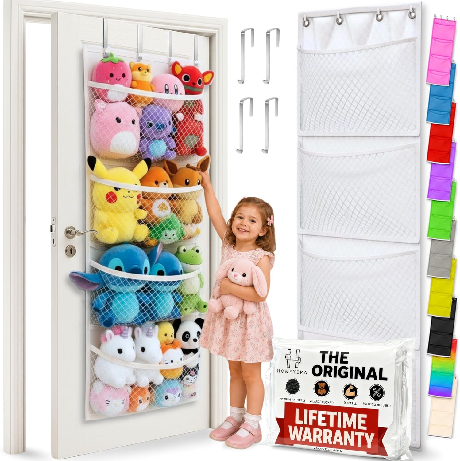 Honeyera The Original Stuffed Animal Storage (Patented) - Over Door Organizer for Stuffies, Baby Ideas Holder, Toy Plush Hammock Hanging Net Big Girls Toddler Large Bag Animals Stuffy Behind