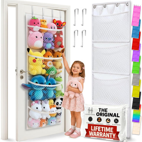 Honeyera The Original Stuffed Animal Storage (Patented) - Over Door Organizer for Stuffies, Baby Ideas Holder, Toy Plush Hammock Hanging Net Big Girls Toddler Large Bag Animals Stuffy Behind