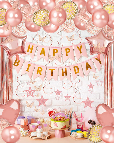 Rose Gold Happy Birthday Party Decorations with Banner Balloons for Women