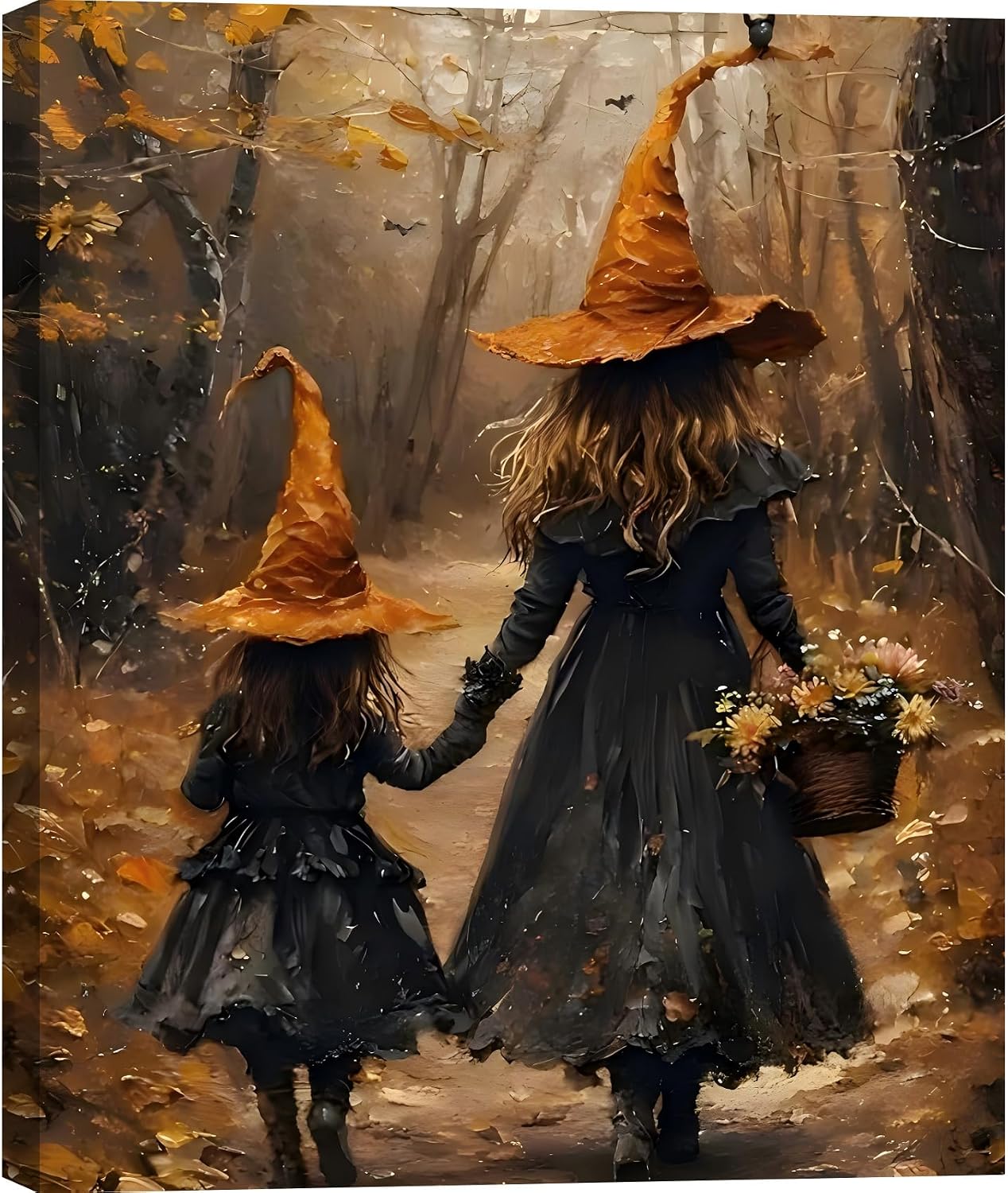 Halloween Witch Framed Canvas Art 16x24, Two Cute Witches in the Autumn Scene Forest Poster, Fall Pictures Wall Decor Prints for Living Room, Bedroom, Perfect Festive Home Decorations