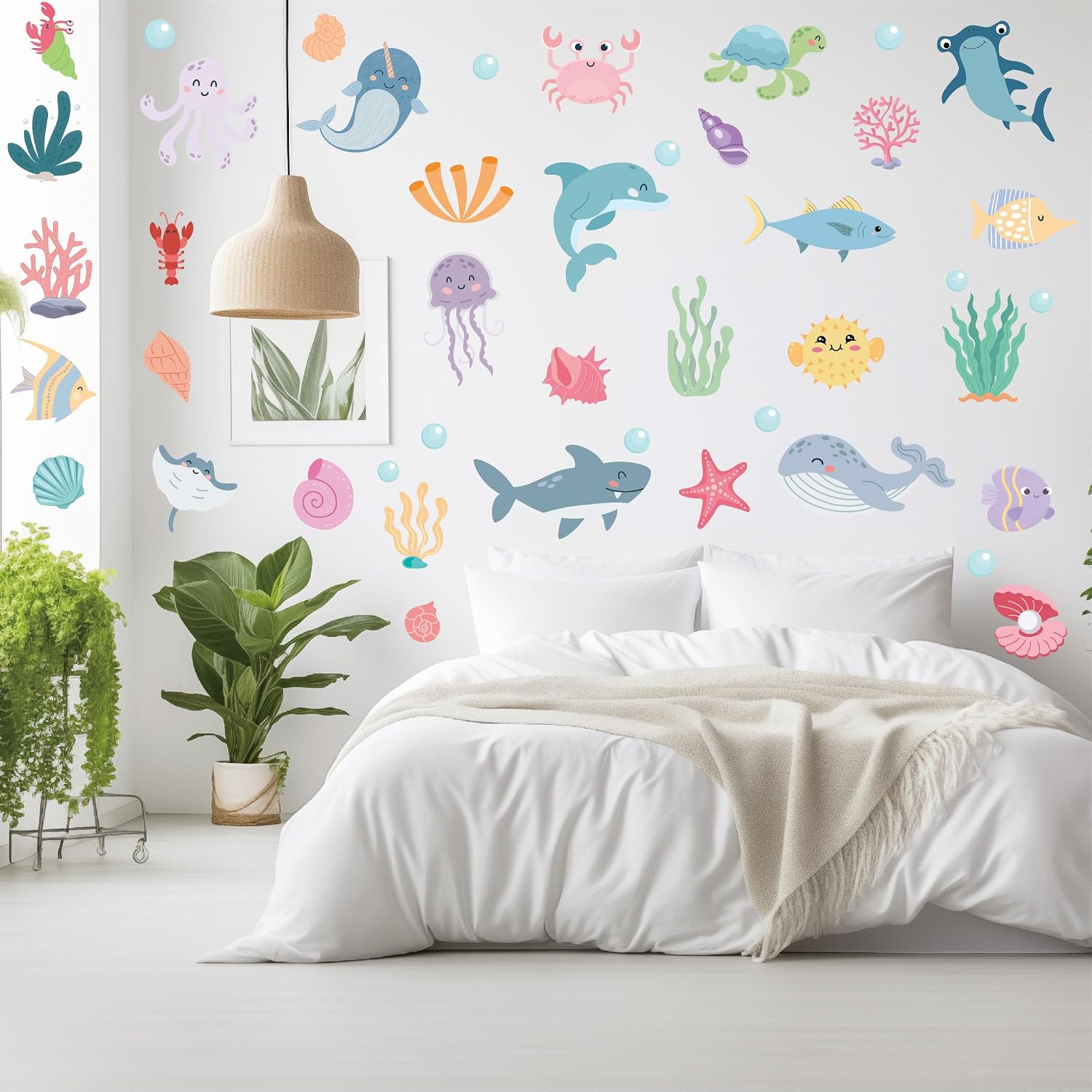Ocean Animals Wall Decals - 5 Sheets 58 Pcs Under the Sea Theme Wall Decor Peel and Stick Ocean Wall Stickers for Home Kids Room Nursery Décor