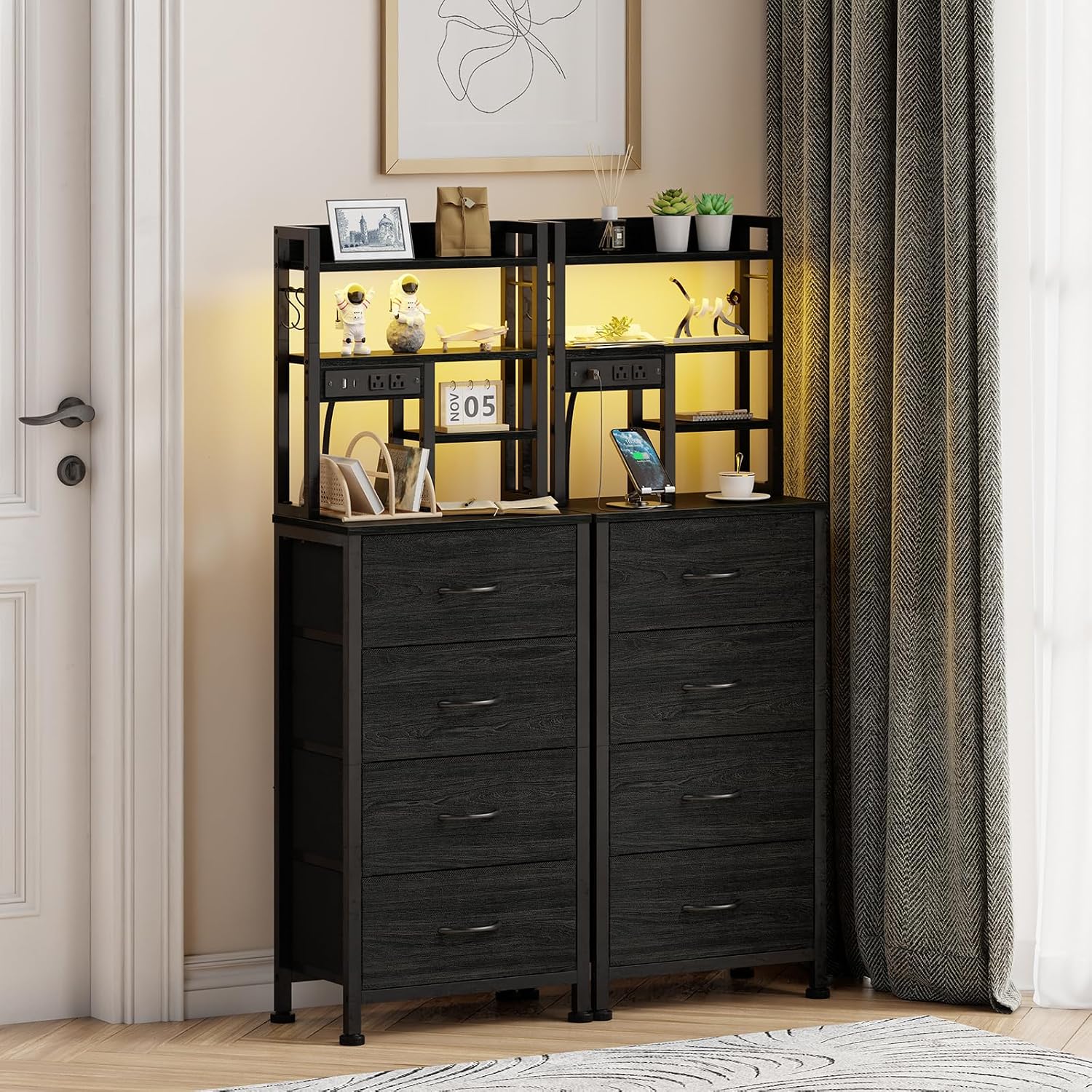 Furnulem Tall Nightstand, LED Night Stand with Charging Station