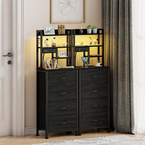 Furnulem Tall Nightstand, LED Night Stand with Charging Station