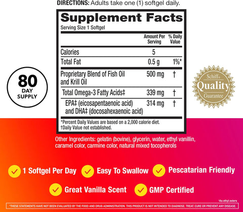 MegaRed Omega 3 Fish Oil & Antarctic Krill Oil Softgels for Brain, Heart, Joints & Eye Support, (80 Count Bottle), Concentrated Omega 3 Fatty Acid Supplement with EPA, DHA, Phospholipids