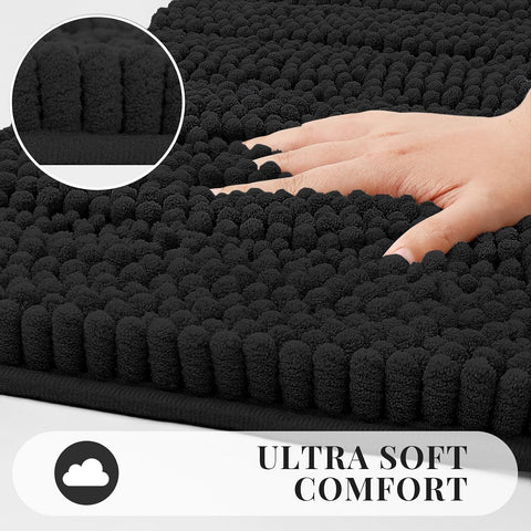 Bcoimo Bath Rug Mat, 70x24 Chenille Non Slip Black Long Bathroom Runner Rug