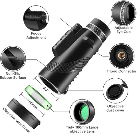 80x100 HD Monocular Telescope for Adults, Large Vision Monoculars, High Powered Smartphone Monocular for Bird Watching, Hunting, Hiking, Camping, Wildlife