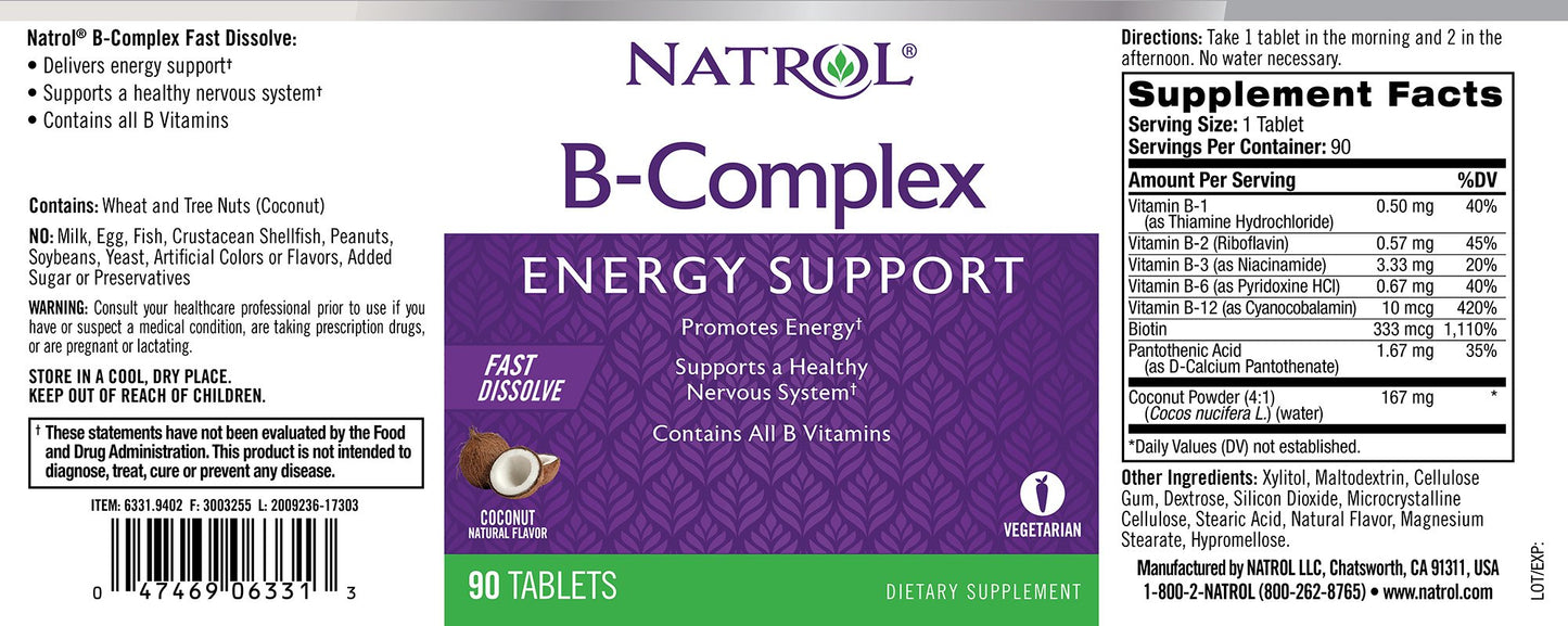 Natrol B-Complex Fast Dissolve Tablets, Coconut Flavor, 90 Count (Pack of 12)