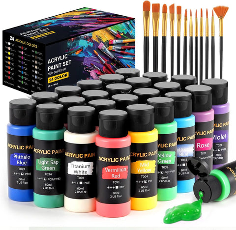 TMOL Acrylic Paint Set, 24 Colors (2 oz/Bottle) with 12 Art Brushes, Art Supplies for Painting Canvas, Wood, Ceramic & Fabric, Rich Pigments Lasting Quality for Beginners, Professional