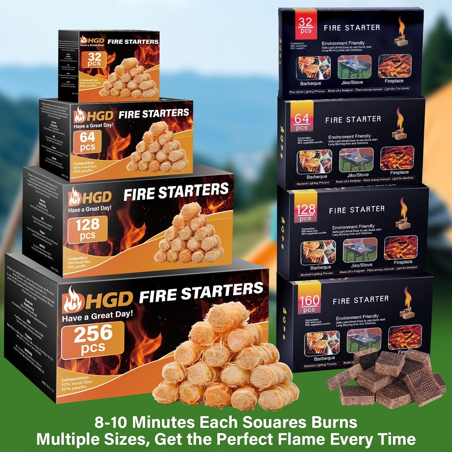 HGD Fire Starter, Mini Natural Fire Starters for Campfires, BBQ Grill, Charcoal Chimney, Outdoor Pit, Indoor Fireplace, Wood Stove - Water Resistant Firestarter Sticks - Camping Accessories Essentials