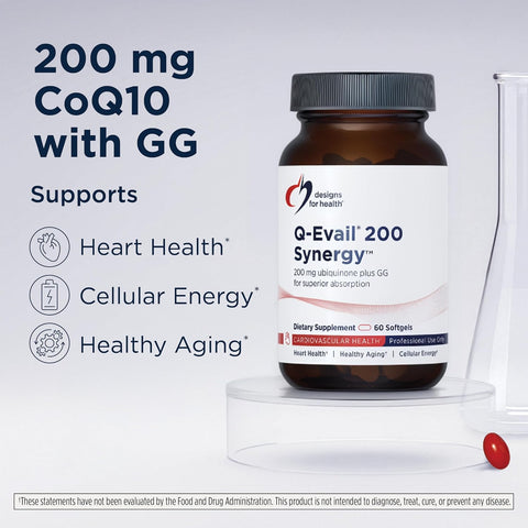 Designs for Health Q-Evail 200 Synergy – 200 mg CoQ10 Highly Bioavailable Ubiquinone + Exclusive Absorption Technology – Coenzyme Q10 Boost with GG – Heart, Healthy Aging + Cell Support (60 Softgels)