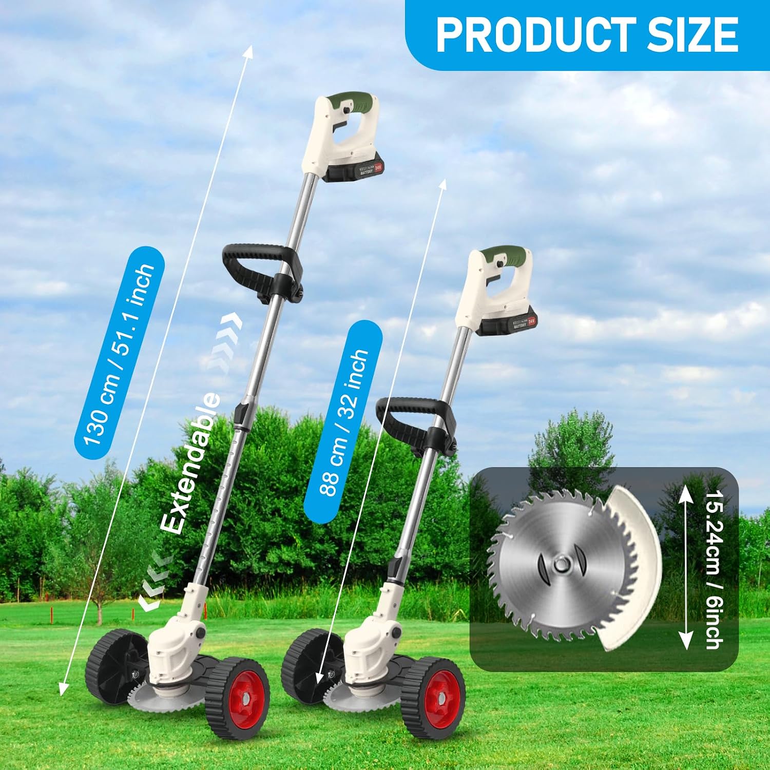 24V Cordless Weed Wacker with Wheels, Adjustable Weed Eater & Grass Cutter