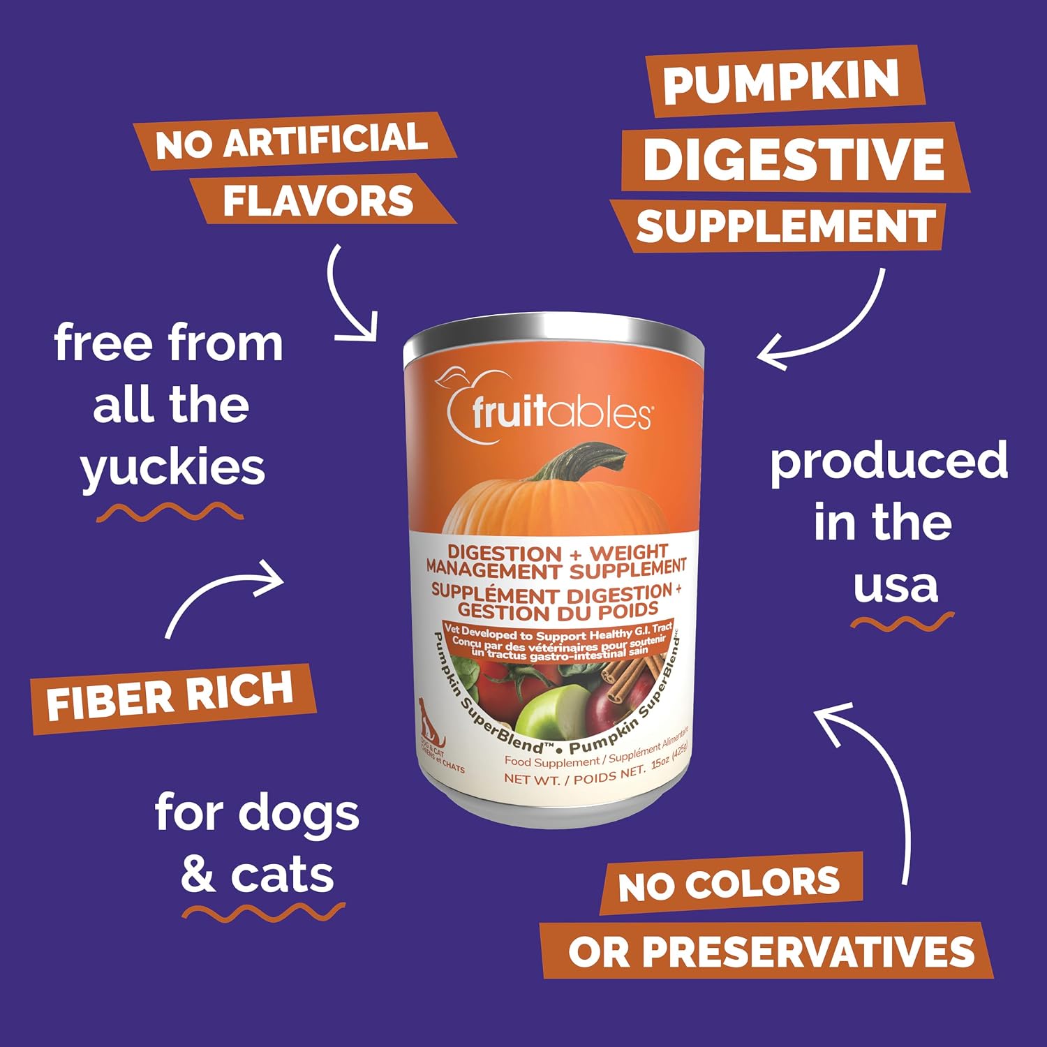 Fruitables Pumpkin Digestive Supplement, Fiber Supplement for Dogs, 15oz