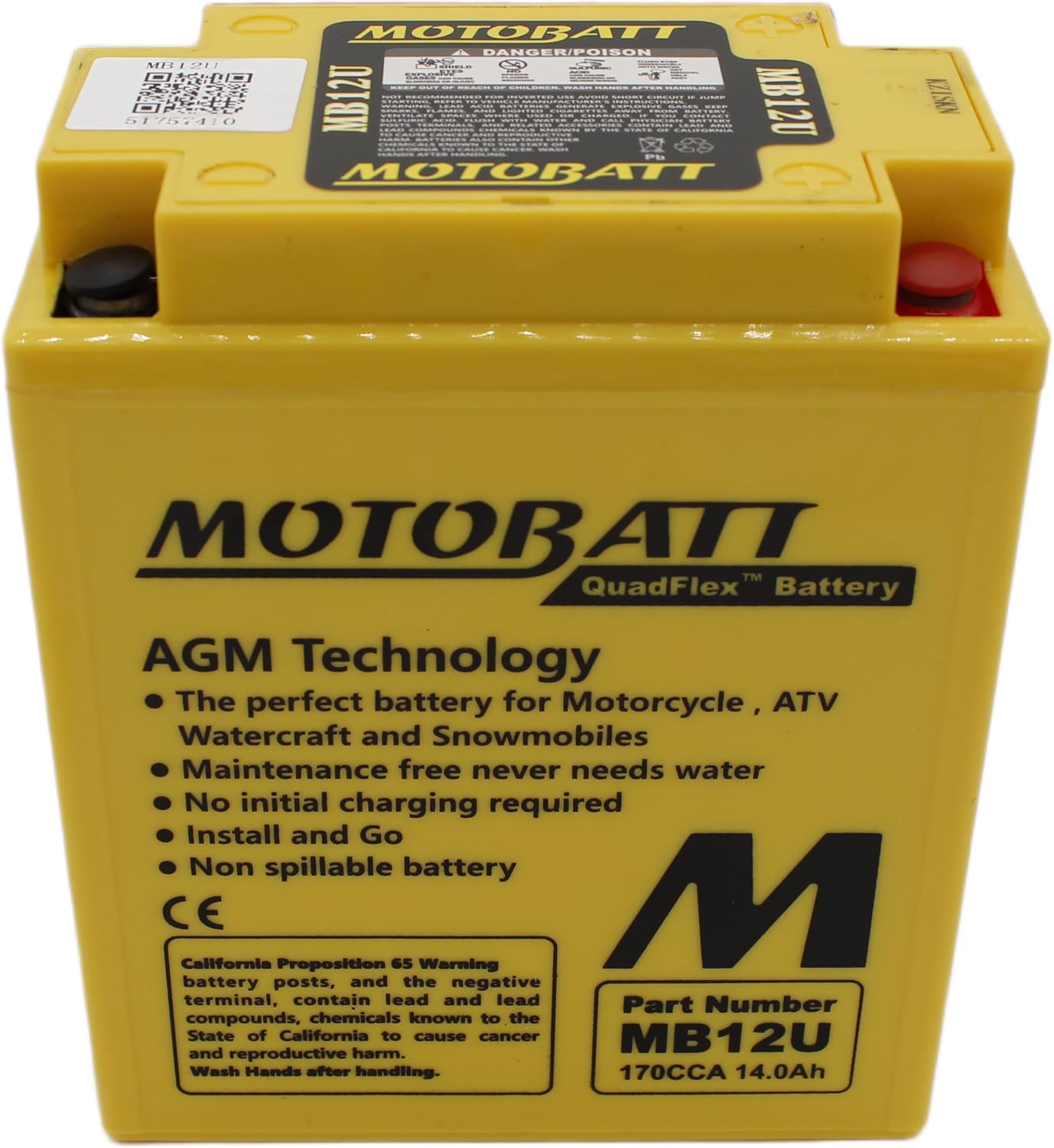 MotoBatt MB12U (12V 15 Amp) 160CCA Factory Activated QuadFlex AGM Battery Large