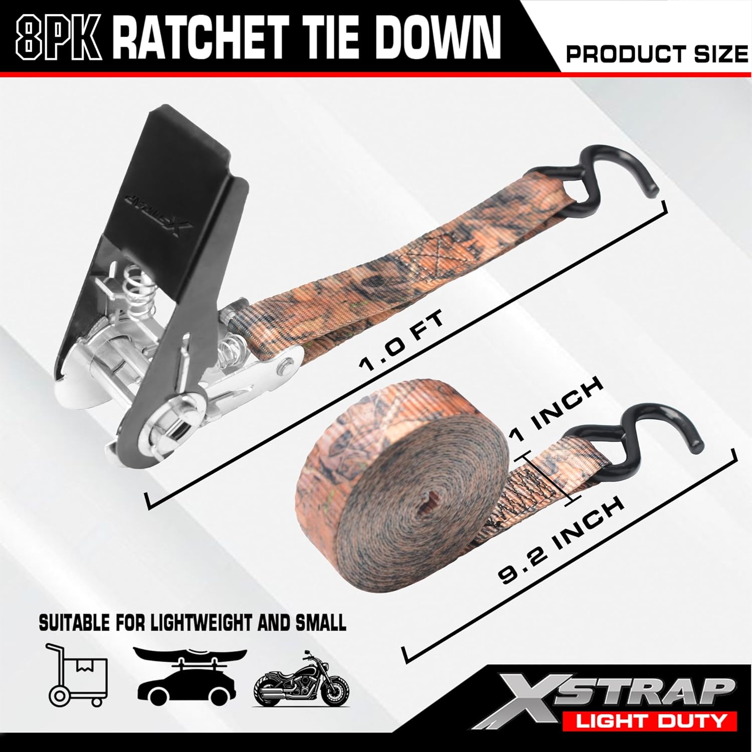 XSTRAP STANDARD 8-Pack Ratchet Tie Down Straps, 1"x10 FT, 900LB, Camouflage