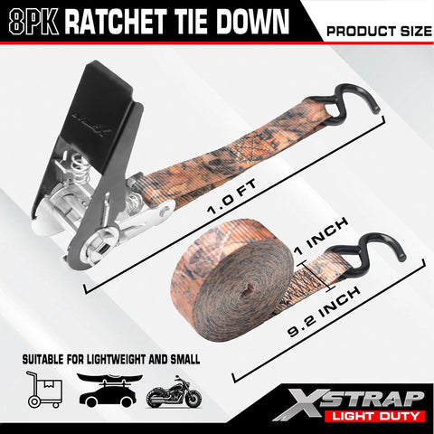 XSTRAP STANDARD 8-Pack Ratchet Tie Down Straps, 1"x10 FT, 900LB, Camouflage
