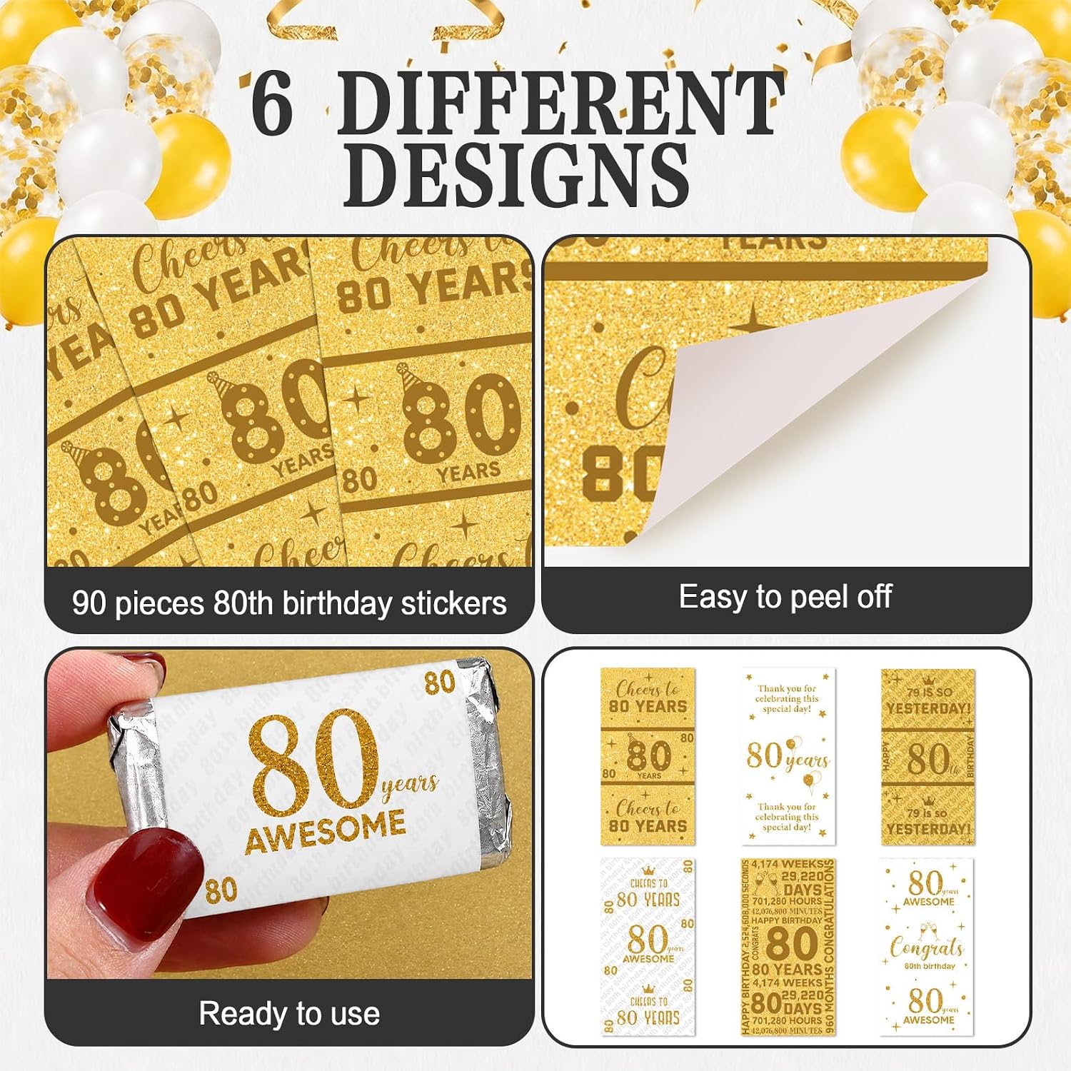Tenare 90 Pcs 80th Birthday Candy Wrappers, White and Gold Stickers