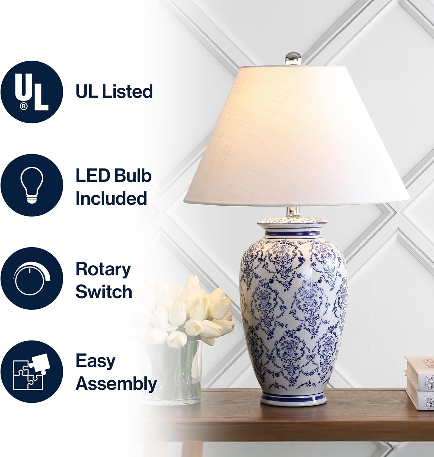 JONATHAN Y Juliana 26.25" Chinoiserie Ceramic Urn Table Lamp, Blue/White
