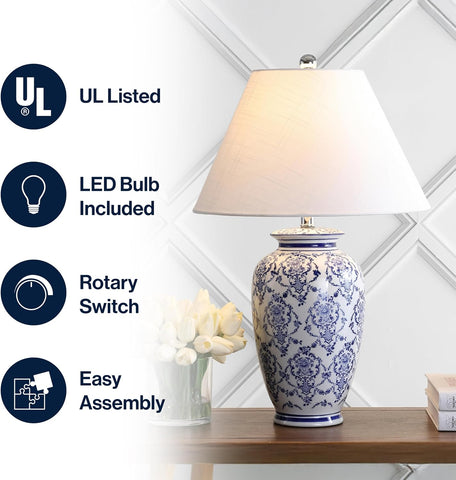 JONATHAN Y Juliana 26.25" Chinoiserie Ceramic Urn Table Lamp, Blue/White