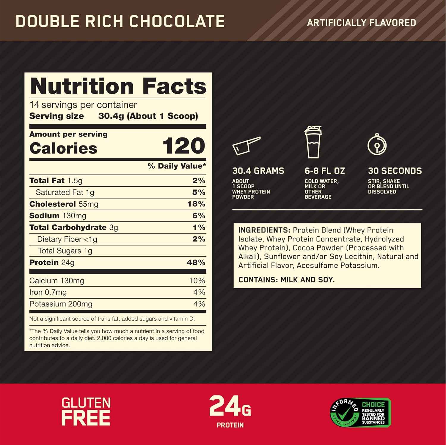 Optimum Nutrition Gold Standard Whey Protein, Double Rich Chocolate, 1 LB