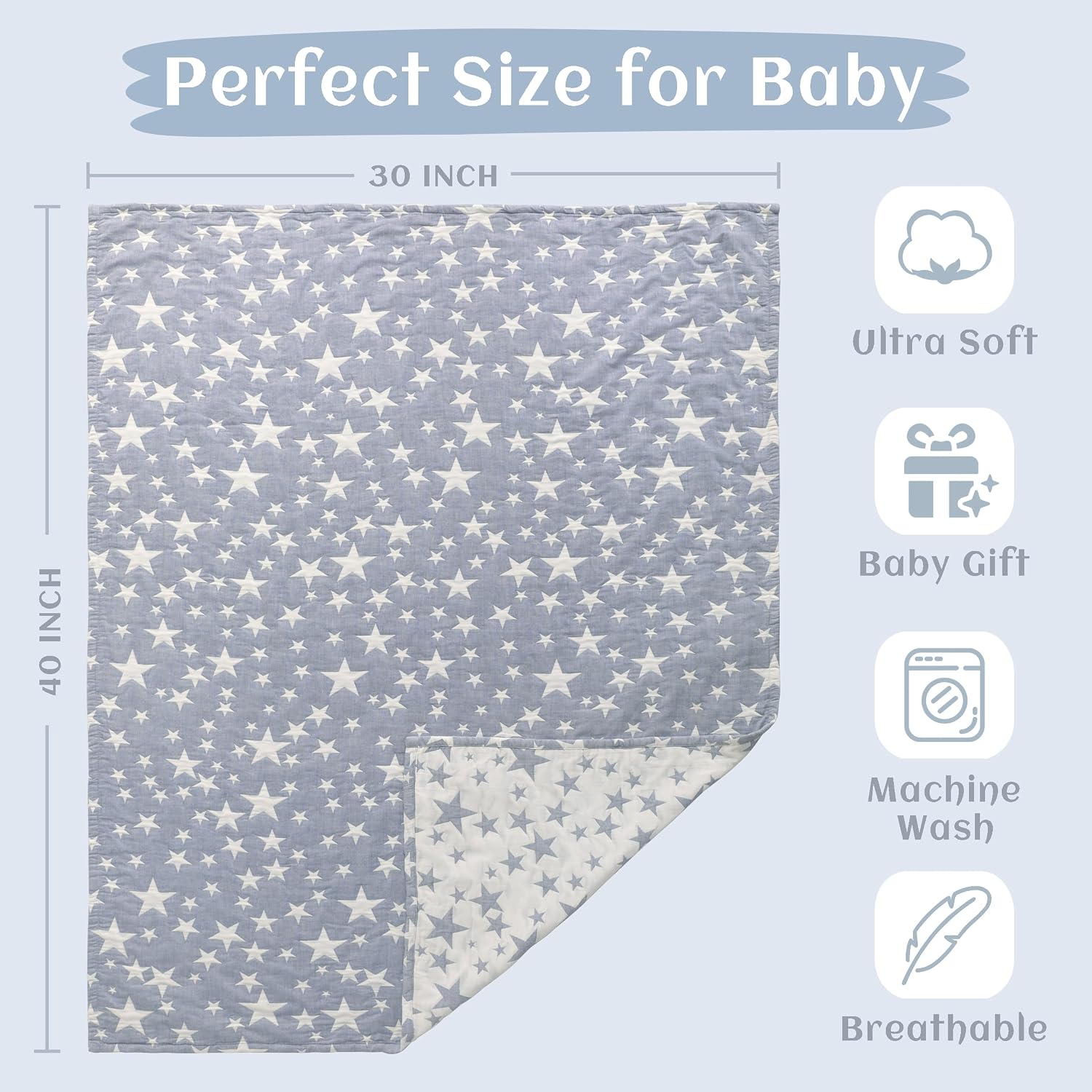NTBAY 3 Layer Muslin Toddler Blanket, 30 x 40, Blue