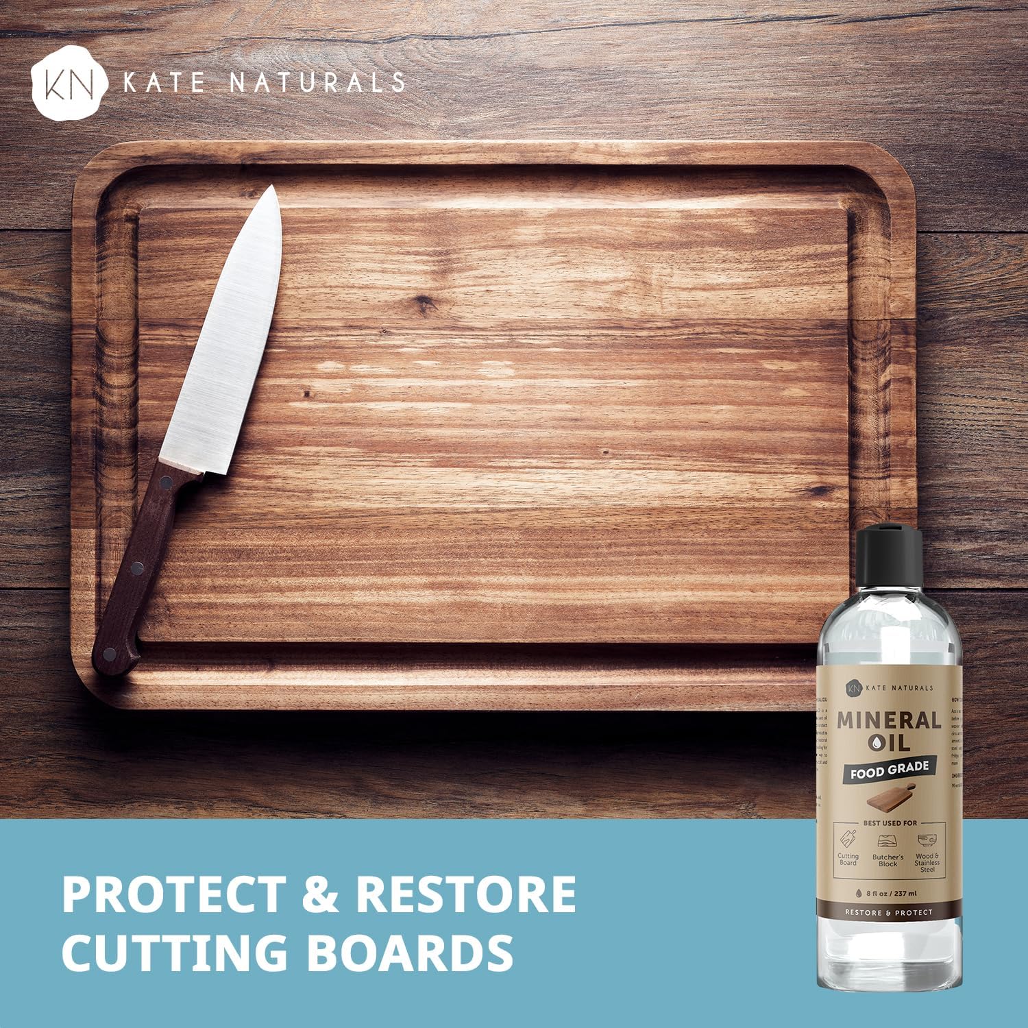 Kate Naturals Mineral Oil for Wood Cutting Board, Food Grade, Odorless, 8oz