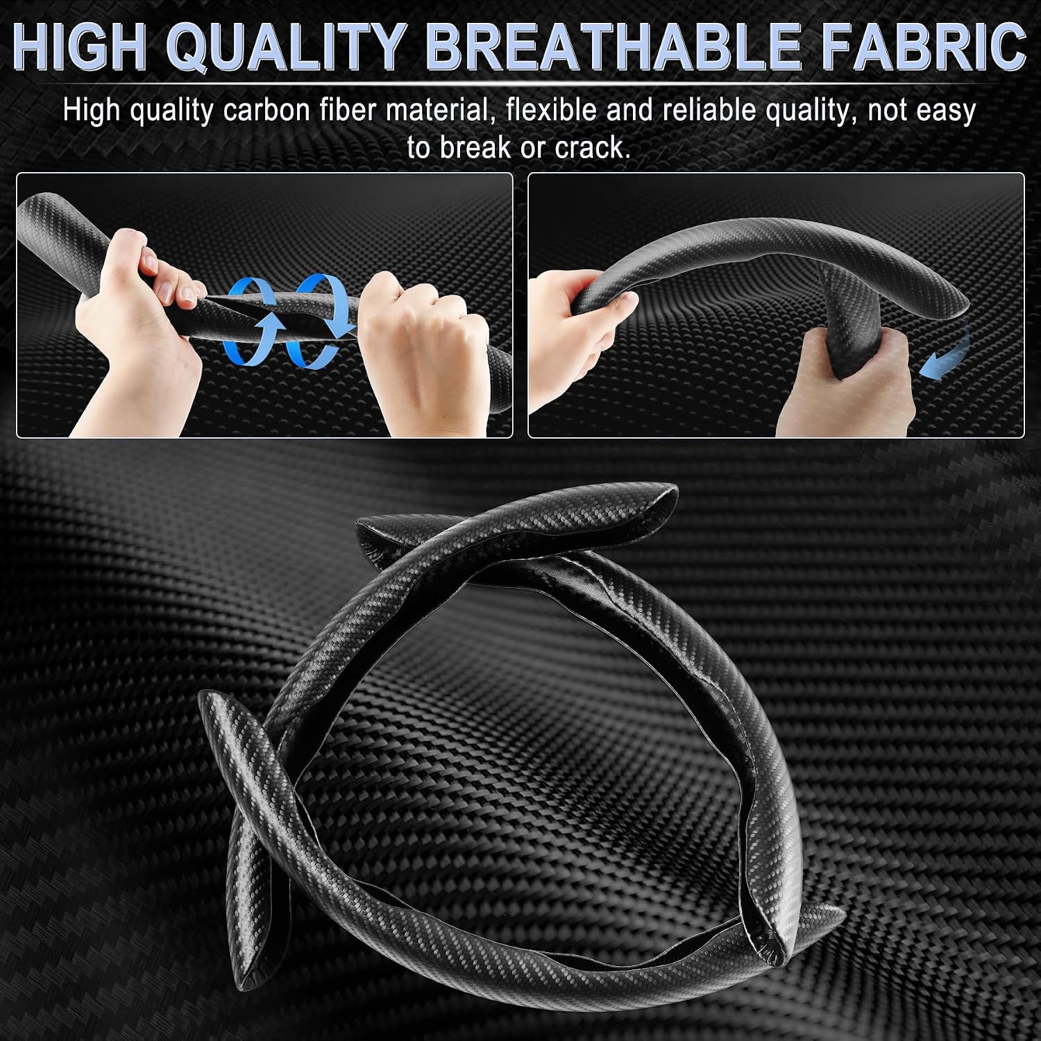 3pcs Carbon Fiber Anti-Skid Steering Wheel Cover, Waterproof & Segmented Butterfly Design, Universal 99% Vehicle Wheel Cover Protector, Car Interior Accessories (Black-3pcs)