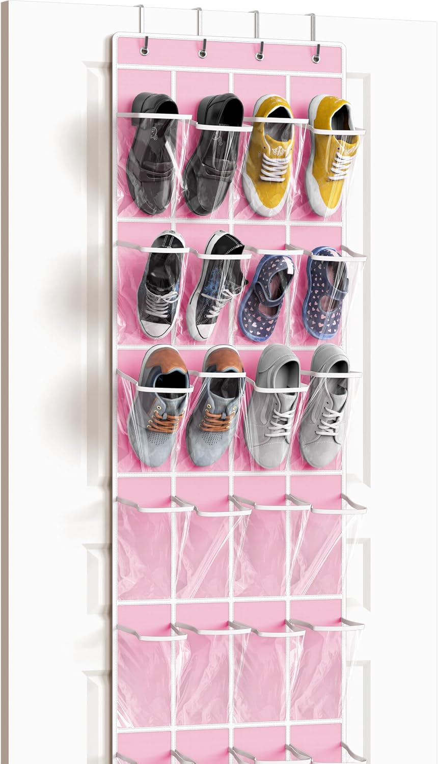Simple Houseware 24 Pockets Clear Over the Door Shoe Organizer, Pink