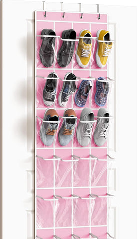 Simple Houseware 24 Pockets Clear Over the Door Shoe Organizer, Pink
