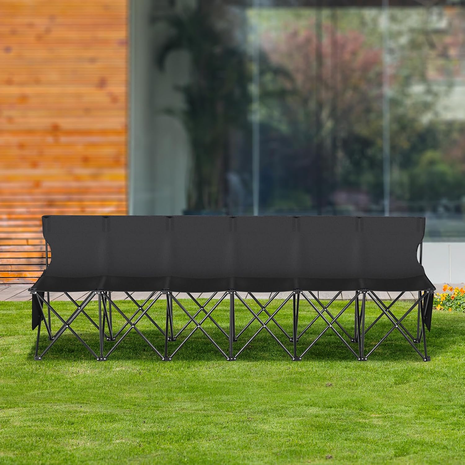 VEVOR Portable Folding B ench, 6 Seats Foldable Sideline B ench, Outdoor Camping Bench Chair with Carry Bag & Backrest, Team Sport Sideline B ench, No Assembly Instant Seating, Black
