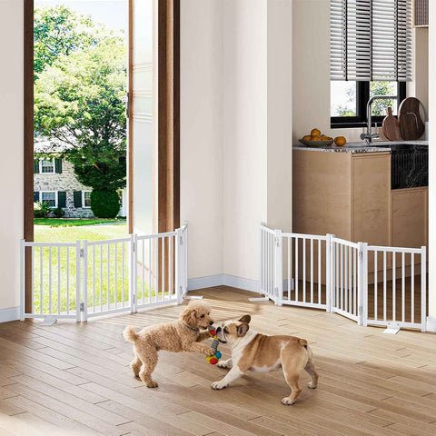 Snughome 2 Pack Short Dog Gate Indoor, 16" High Freestanding Small Dog Gates with Support Feet, Expand Up to 48’’Wide Foldable Pet Gate for Doorway, 8 Panel Pet Door Pet Fence for Puppy, White
