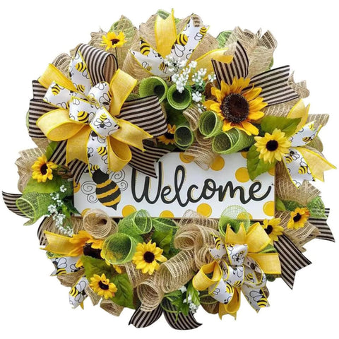 Sunflower Farmhouse Bee Wreath for Front Door, Sunflower Wreath Autumn Rustic Farmhouse Reef Outdoor Summer Gifts Home Yellow Floral Butterfly Bumble Garland