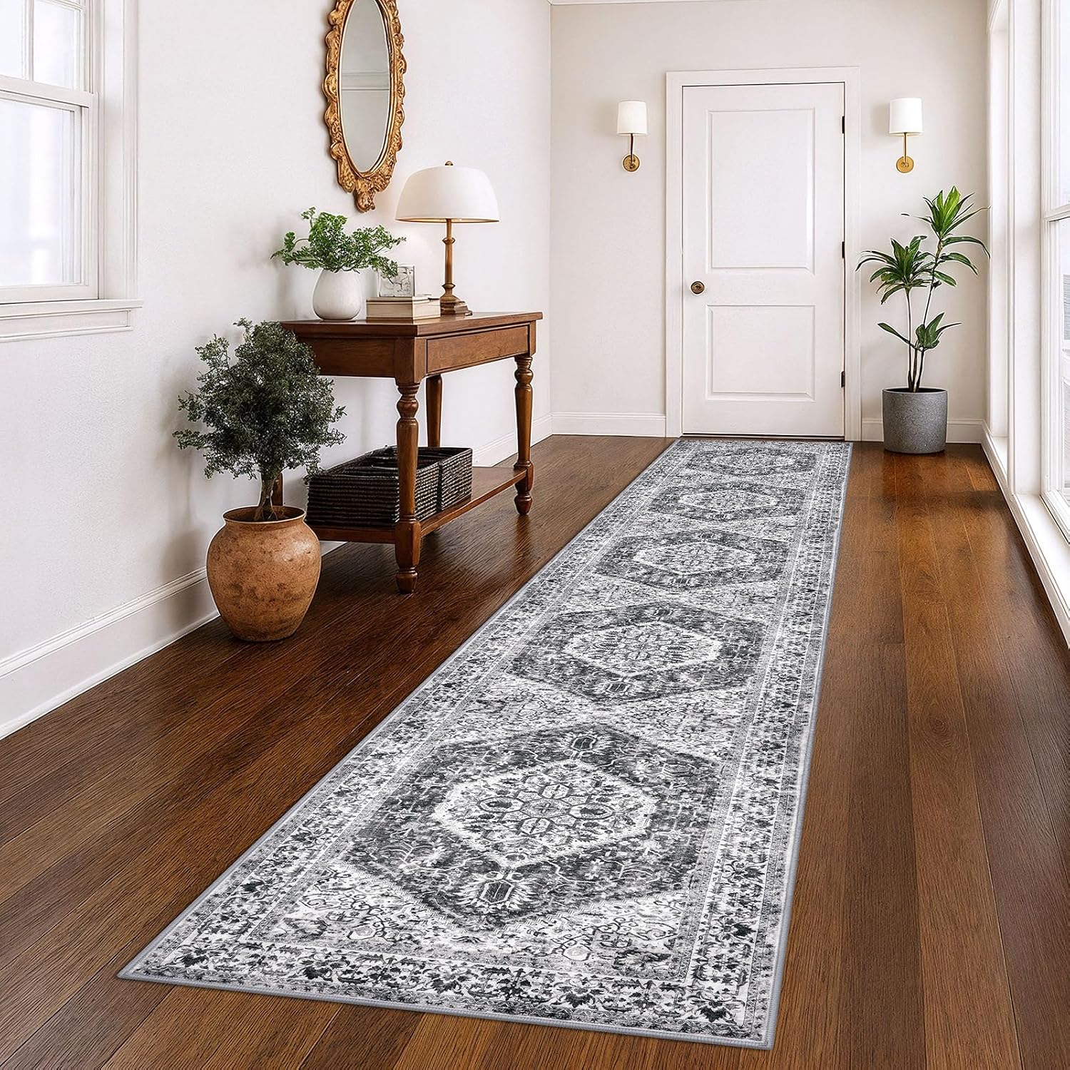 KOZYFLY Runners for Hallways 3x14 Ft Extra Long Washable Kitchen Thin Runner Rug Boho Runner Rug for Entryway Indoor Printed Faux Wool Stair Floor Carpet for Stair Kitchen Hall, Grey