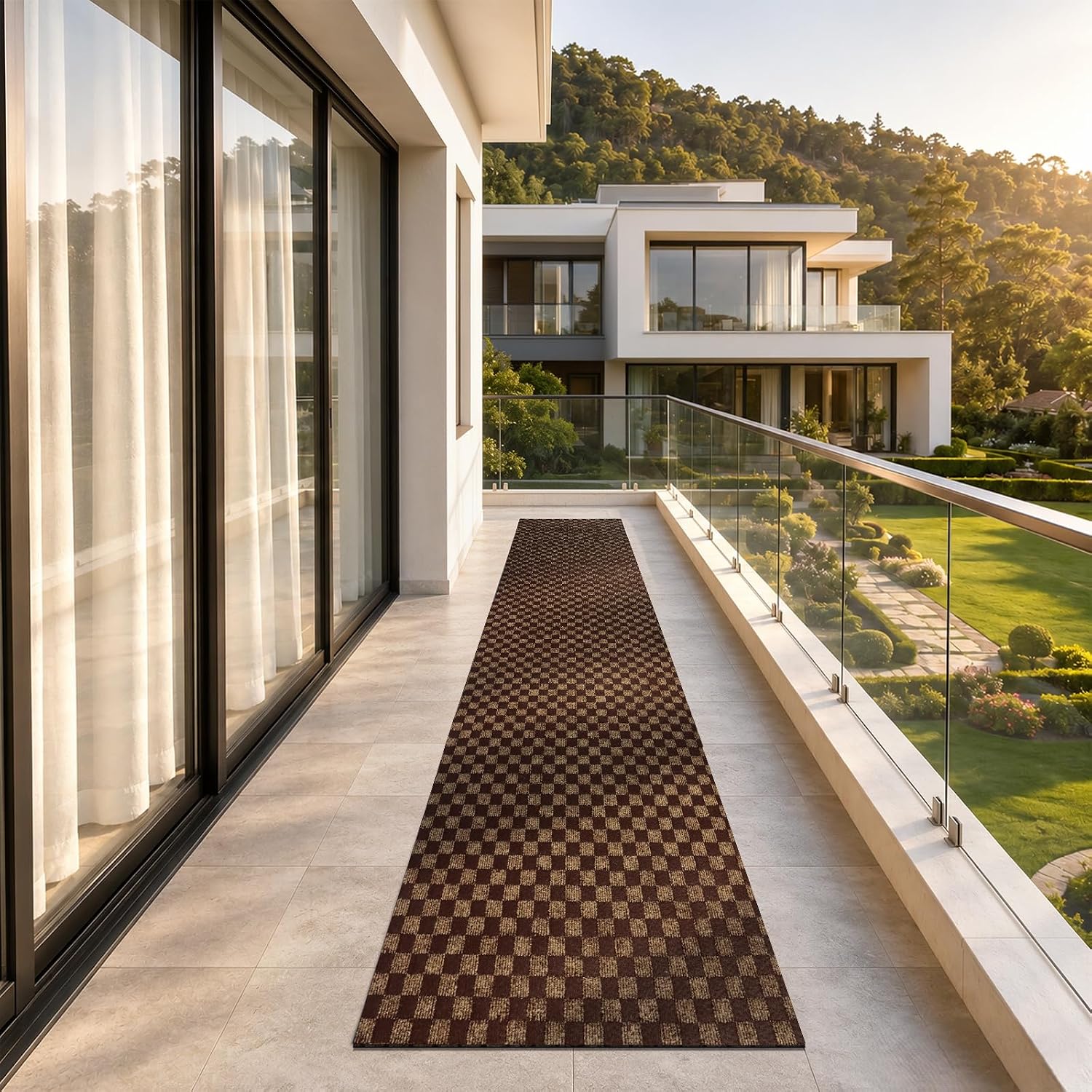 Runner Rug 2' x 6' Outdoor/Indoor, Rug with Natural Rubber Backing Non Slip for Hallway, Kitchen, Patio, Laundry, RV, Entryway, Garage, Bathroom, Area Rug Carpet, Brown Checkered, Custom Size