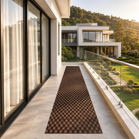Runner Rug 2' x 6' Outdoor/Indoor, Rug with Natural Rubber Backing Non Slip for Hallway, Kitchen, Patio, Laundry, RV, Entryway, Garage, Bathroom, Area Rug Carpet, Brown Checkered, Custom Size