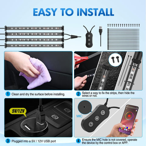 Nilight 4PCS USB Car Interior Neon Accent Lights RGB App and Button Control