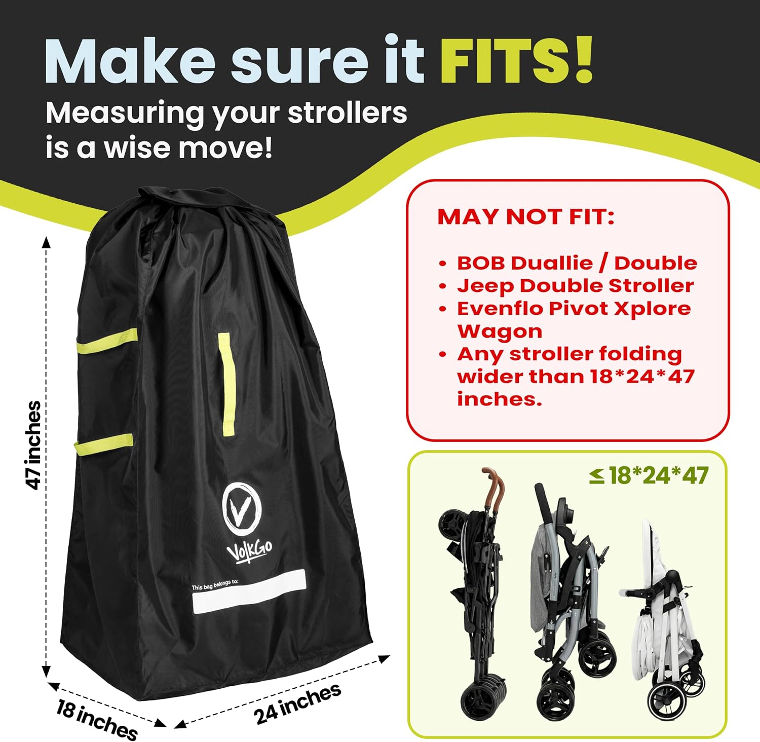 V VOLKGO XL Stroller Travel Bag for Airplane with Backpack Shoulder Straps, Stroller Cover for Air Travel, Jogger & Carrier, Waterproof Travel Cover (18x24x47 in)
